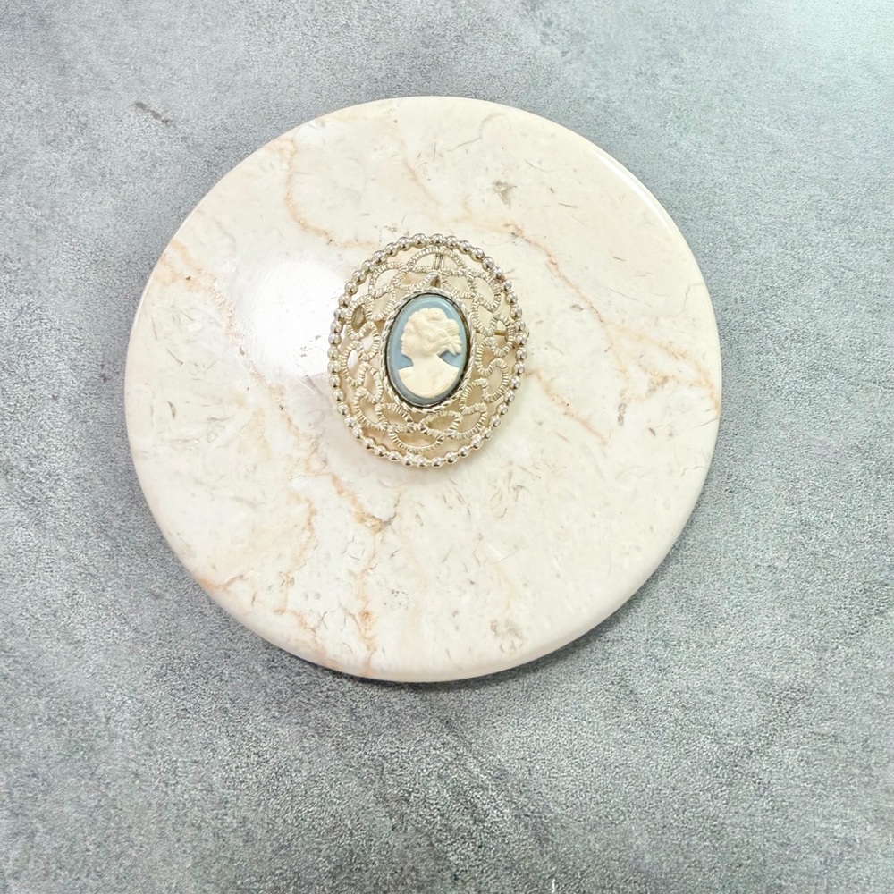 Vintage 1960’s Sarah Coventry Victorian Style Cameo Brooch in White and Blue